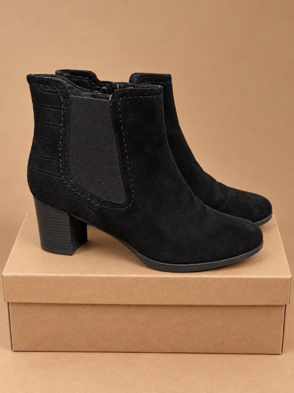 Clarks Black Suede Look Ankle Boots Size 8 Croc Detail Block Heel